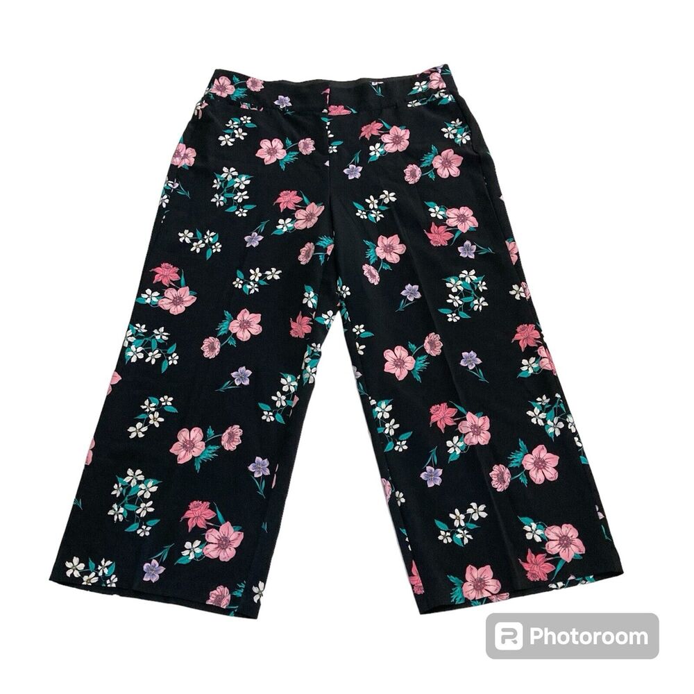 Lane Bryant The Allie Wide-Leg Pants Size 20 Banded Waist Black & Floral